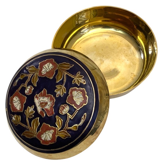 Vintage Brass Box Enamel Black Gold Floral